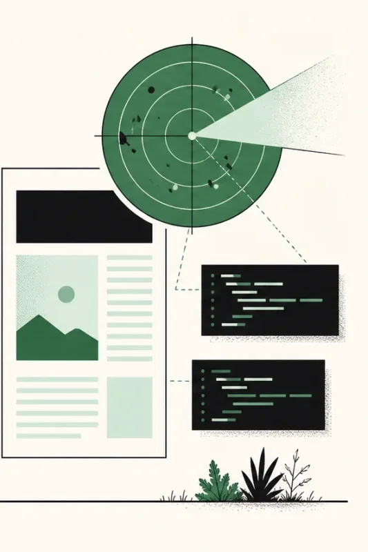 Editorial radar scanning a rendered web page and surfacing code findings.